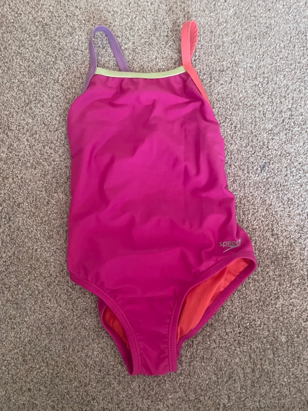 Speedo Girls' Bright Pink One-Piece Swimsuit with Multicolor Straps